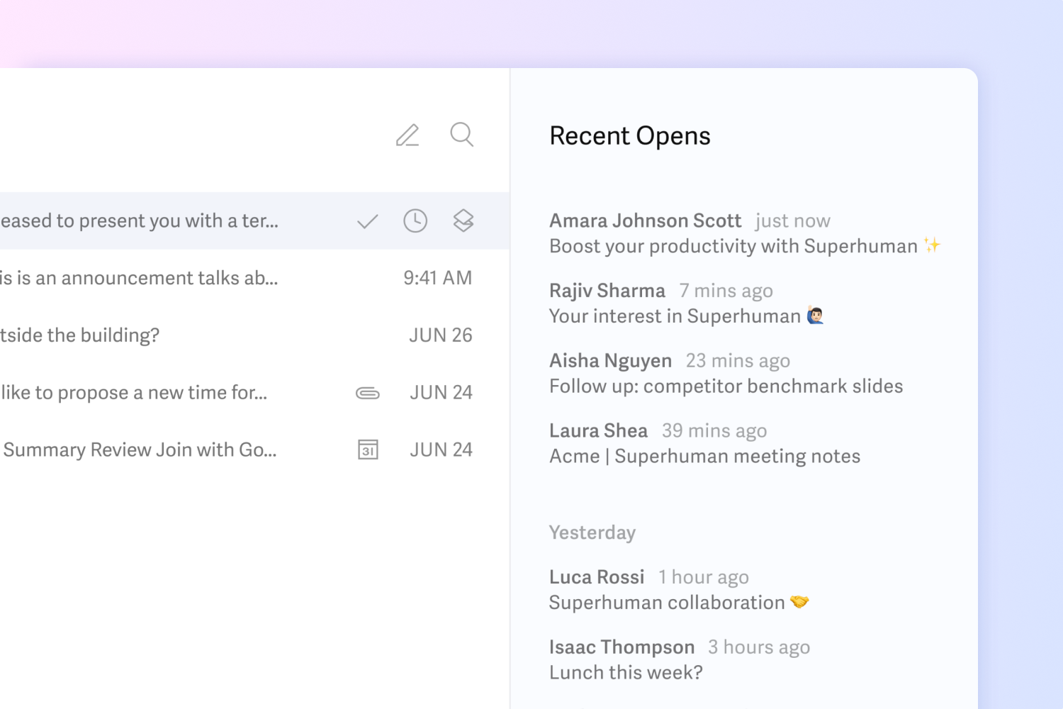 Superhuman's Recent Opens Feed