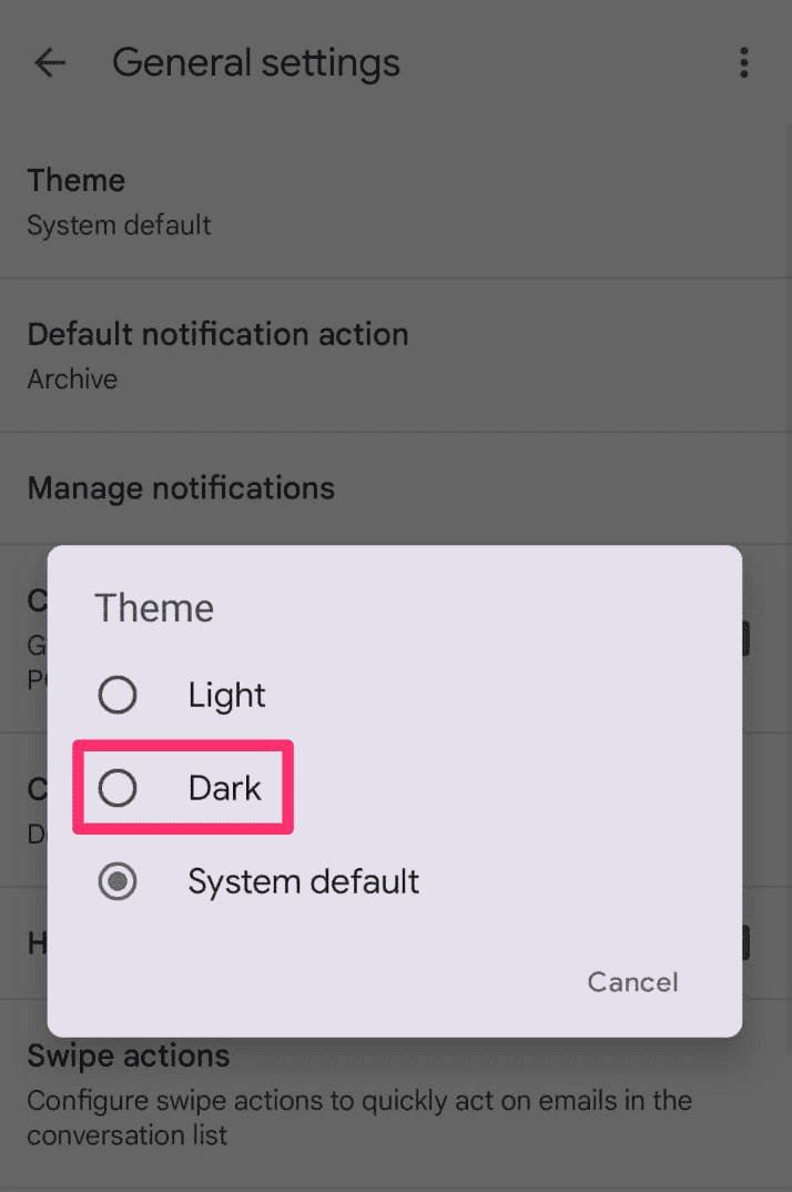 Dark Mode on Gmail for Android
