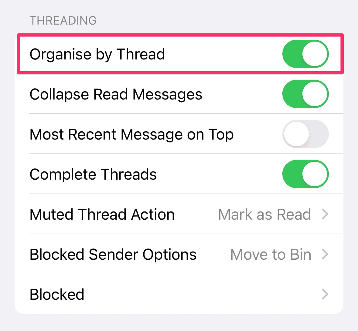 Organize by Thread Apple Mail iOS