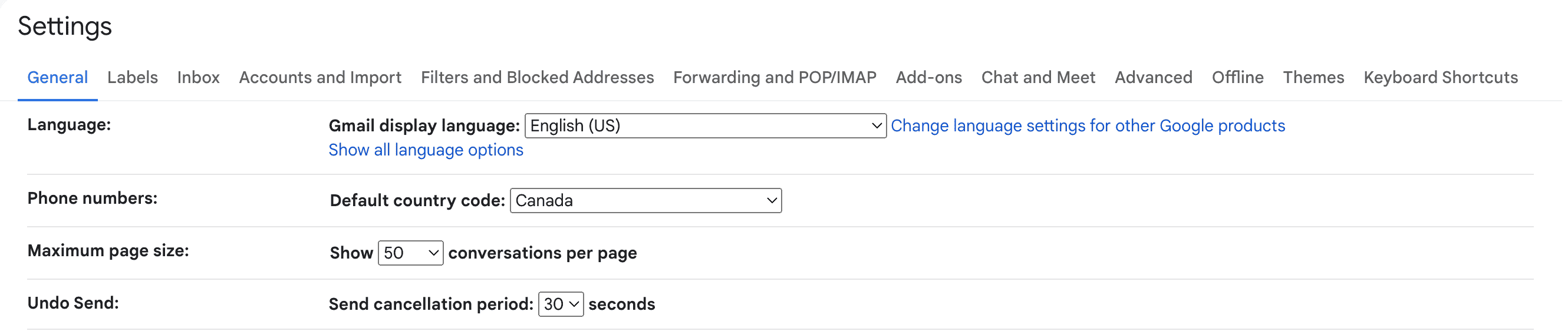 Gmail Undo Send Settings