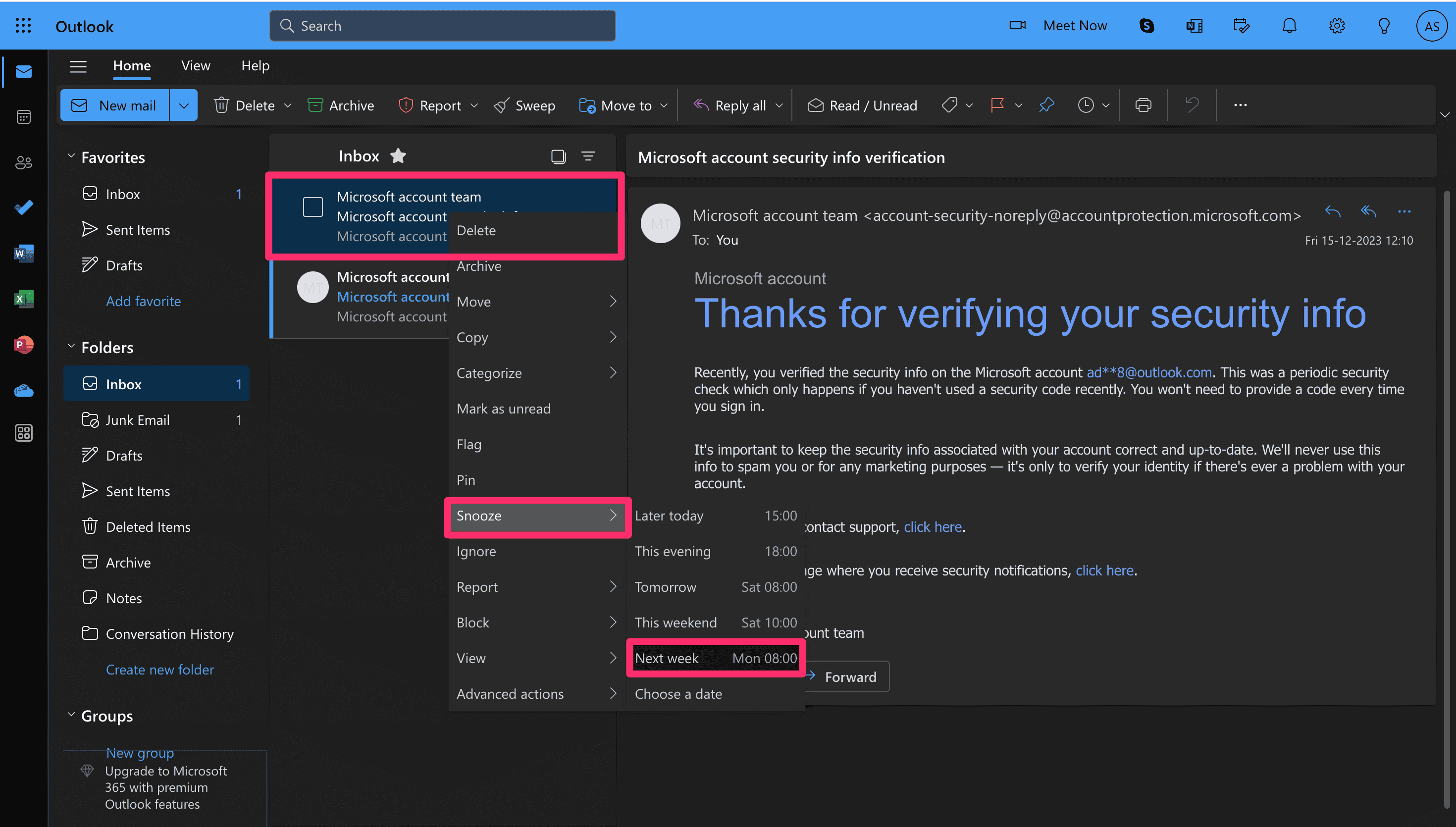 Outlook Snooze Feature