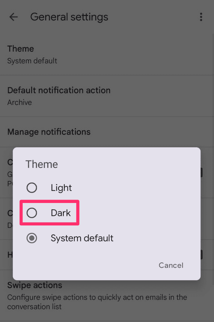 gmail dark mode android